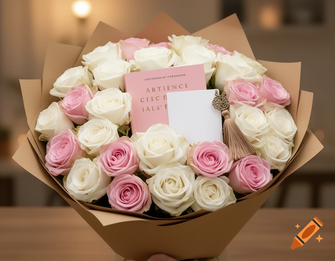 A bouquet of pink and white roses wrapped in brown paper, featuring a pink book and a decorative bookmark with a tassel.