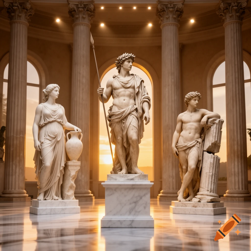 Three classical marble statues, two male and one female, in a grand hall with columns and arches, bathed in warm sunset light.