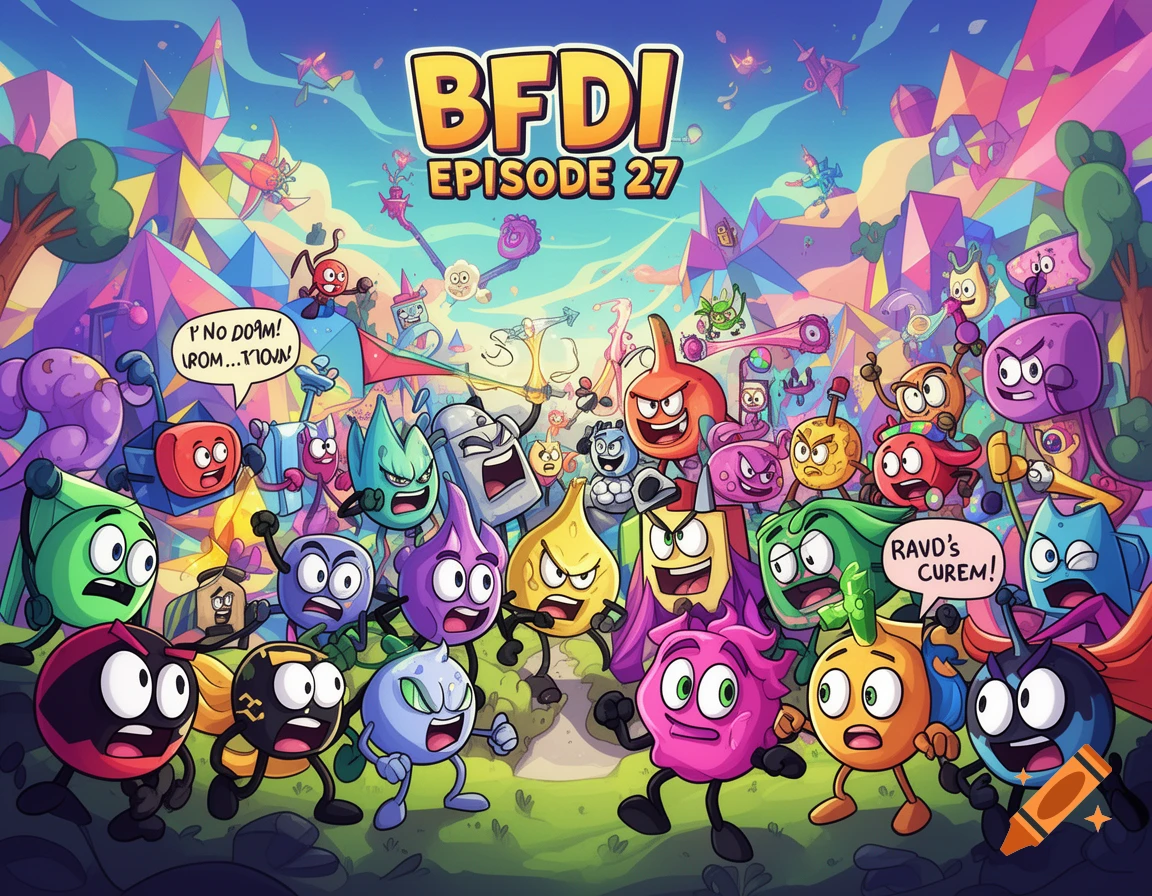 A vibrant cartoon illustration featuring a large group of colorful, expressive, spherical and object-like characters in an animated landscape with geometric mountains, titled "BFDI EPISODE 27".