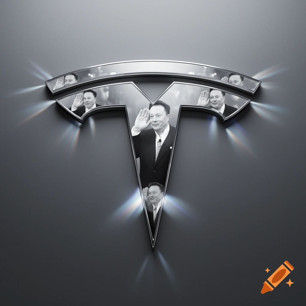 A metallic Tesla T logo, intricately filled with black and white images of Elon Musk saluting.
