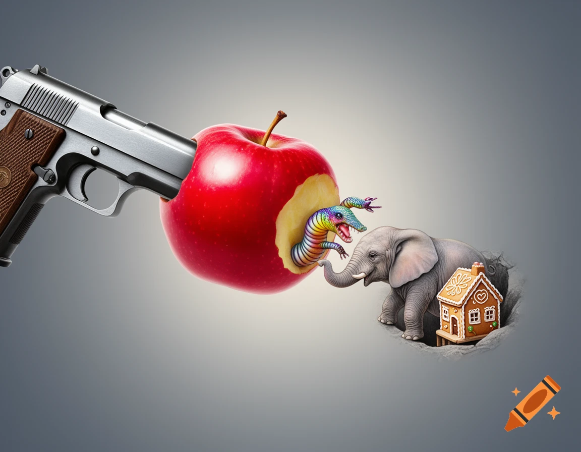 A surreal image featuring a gun pointed at a red apple, from which a rainbow worm-like creature emerges. To its right, a small elephant stands next to a gingerbread house within a hole.