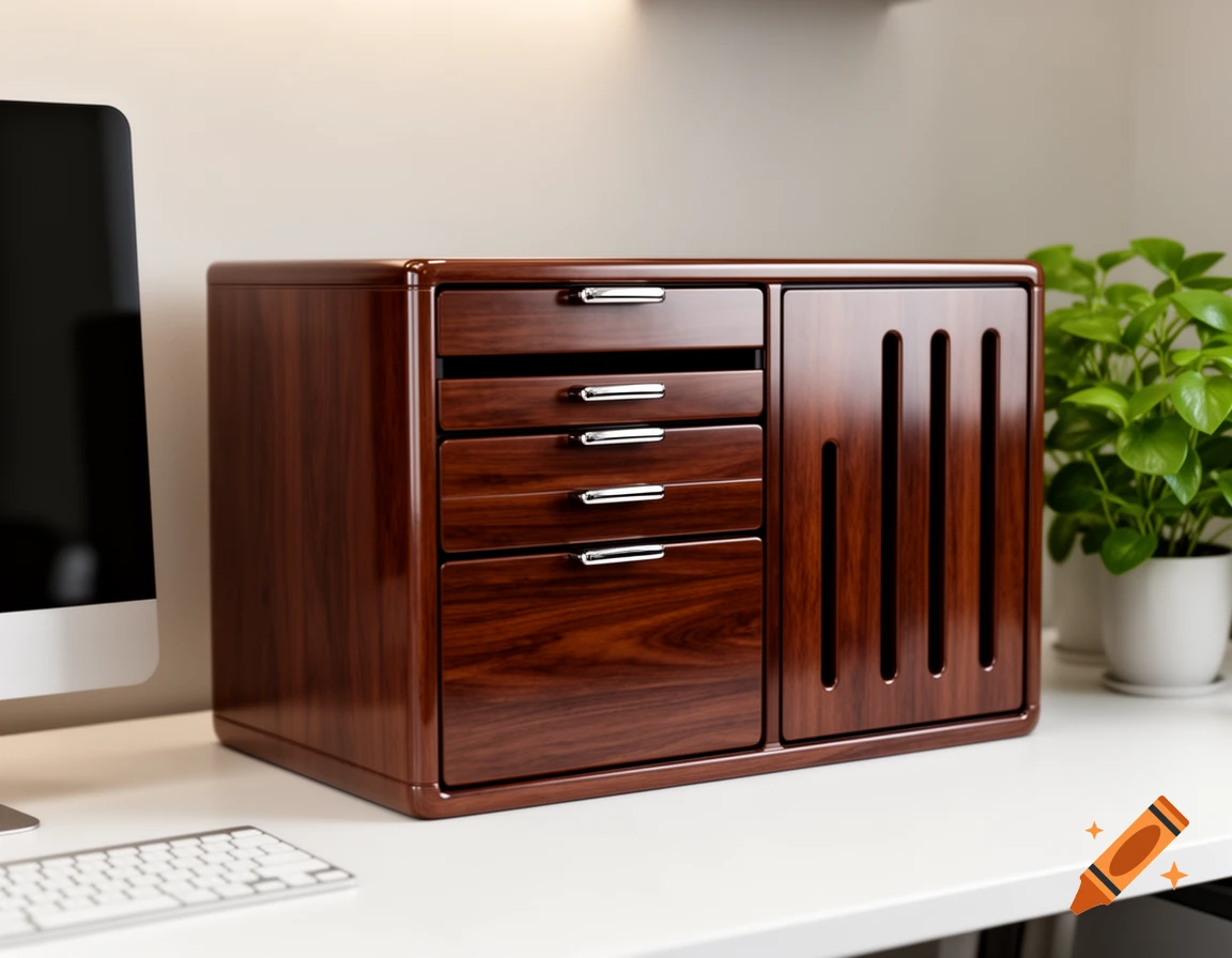 A glossy, dark wood desktop organizer with four drawers and a slatted cabinet door, sitting on a white desk next to a computer monitor and a potted plant.