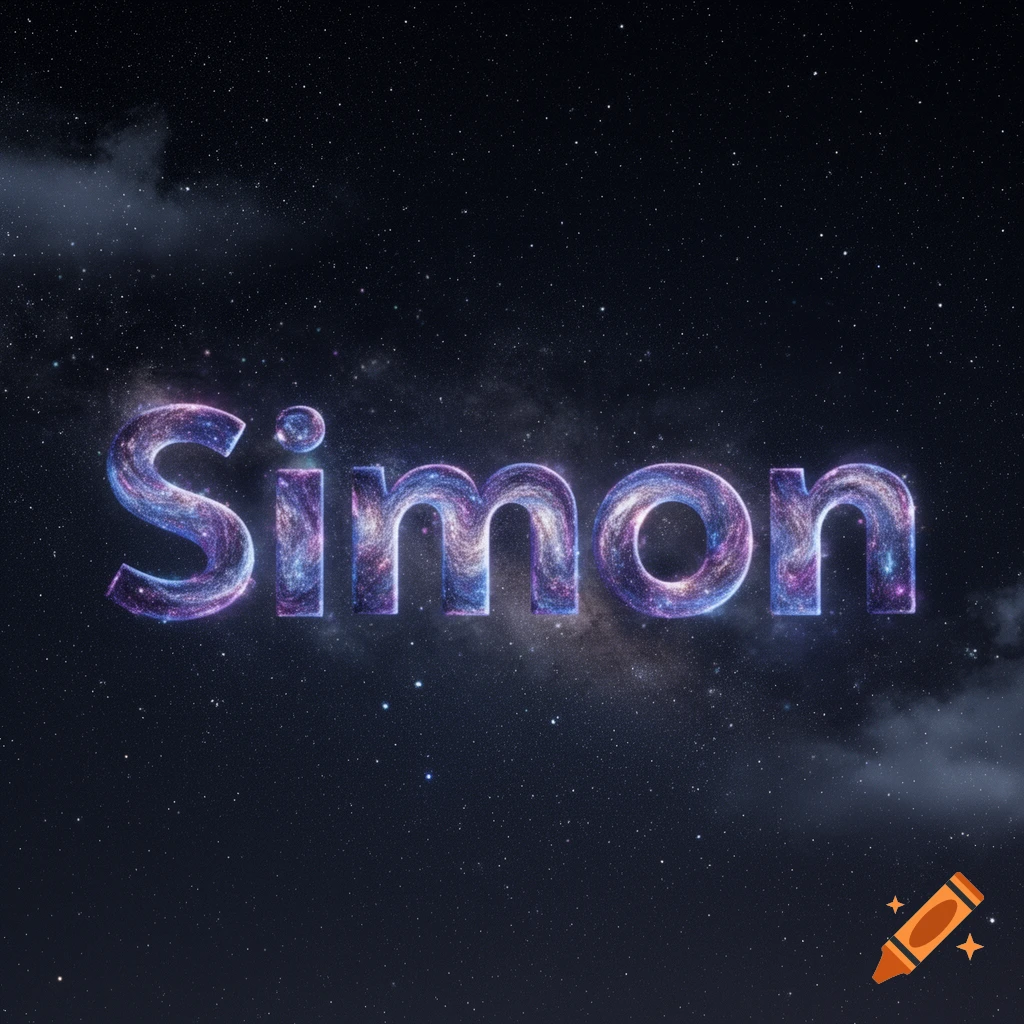 The name 'Simon' rendered in shimmering galaxy-textured letters against a starry night sky with subtle clouds.