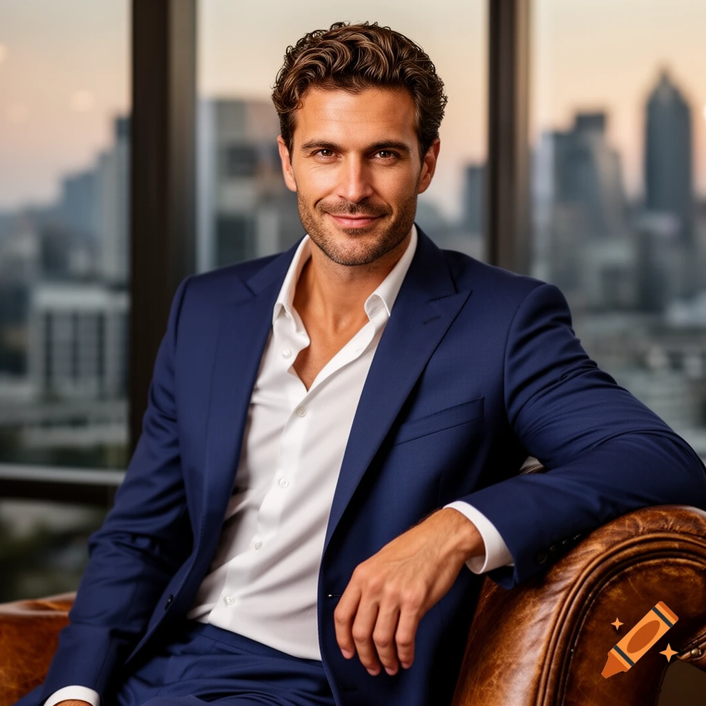 A smiling man in a blue suit and white shirt sits in a leather chair with a city skyline behind him.