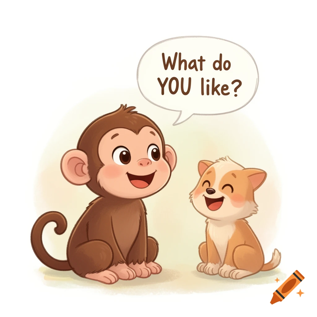 A cute cartoon monkey asks a happy small dog, "What do YOU like?" in a kid-friendly storybook illustration.