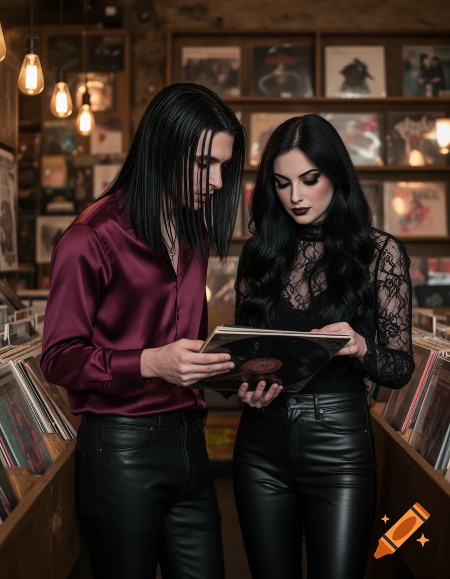 Two goths, a man in a maroon shirt and a woman in a black lace top, look at a vinyl record in a dimly lit music shop.
