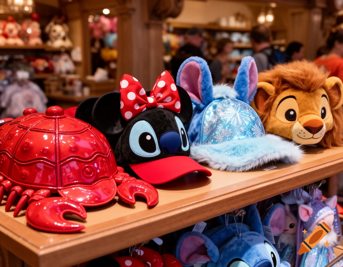 Photorealistic Disney merchandise display with hats for Sebastian, Minnie Mouse, Stitch, Frozen, and Simba on a wooden shelf in a store.