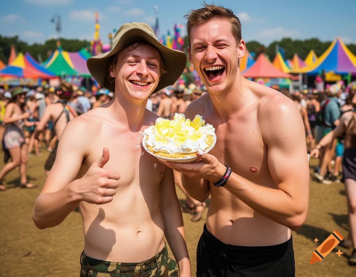 Two shirtless men laugh and smile while holding a messy pie at a sunny outdoor music festival, photorealistic.