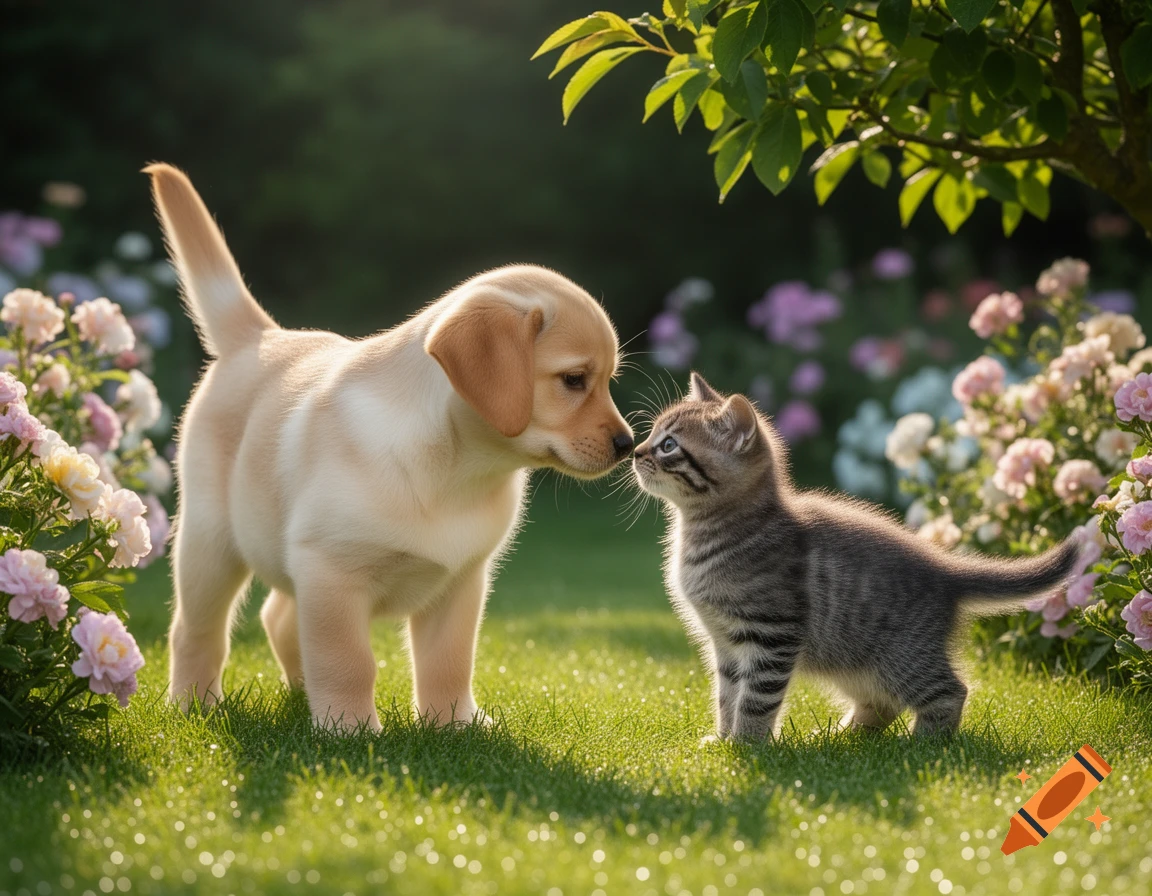 A golden retriever puppy and a tabby kitten nose-to-nose in a sunny garden with pink flowers and lush green grass.