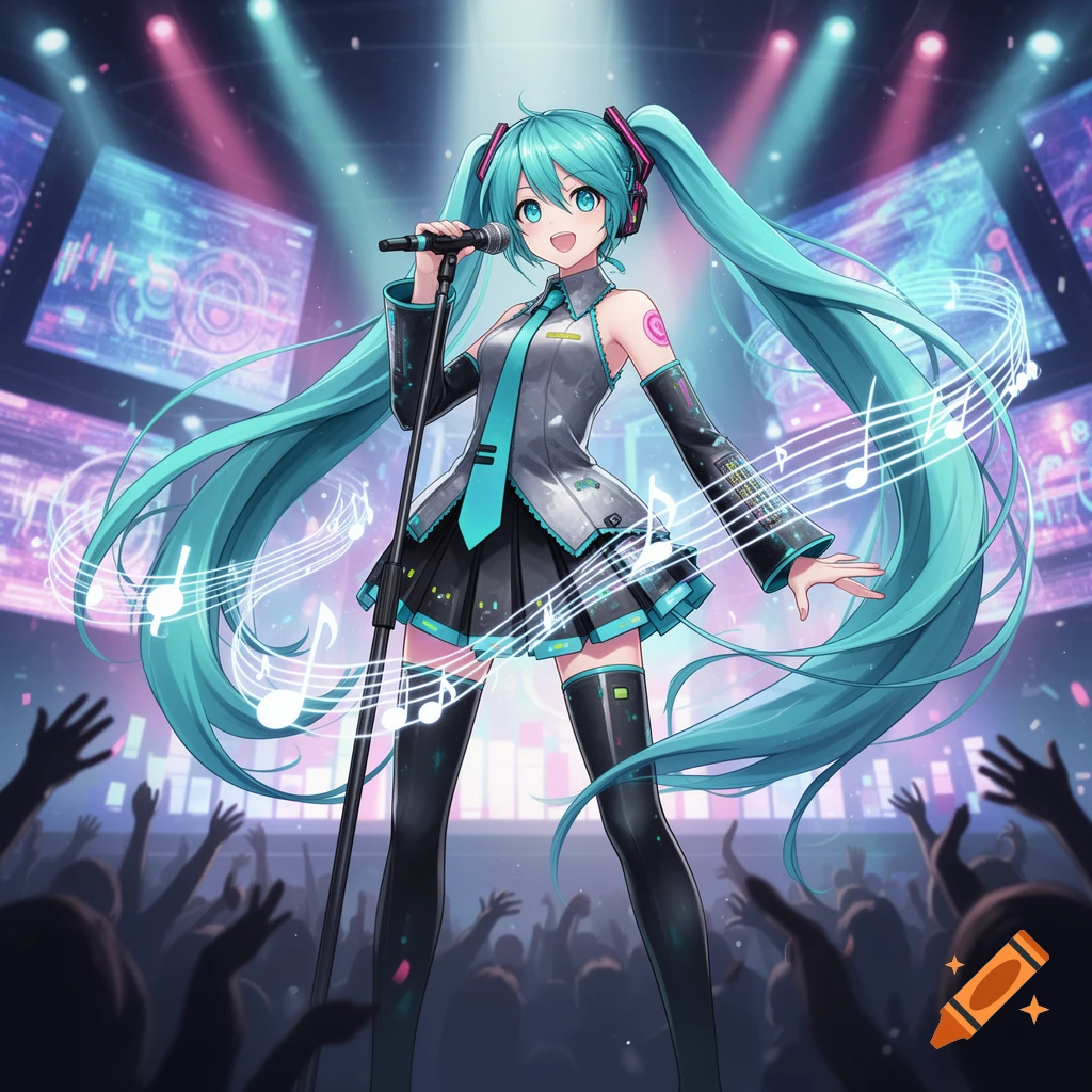 Hatsune Miku, an anime character with long turquoise pigtails, sings into a microphone on a vibrant stage before a cheering crowd, surrounded by musical notes.