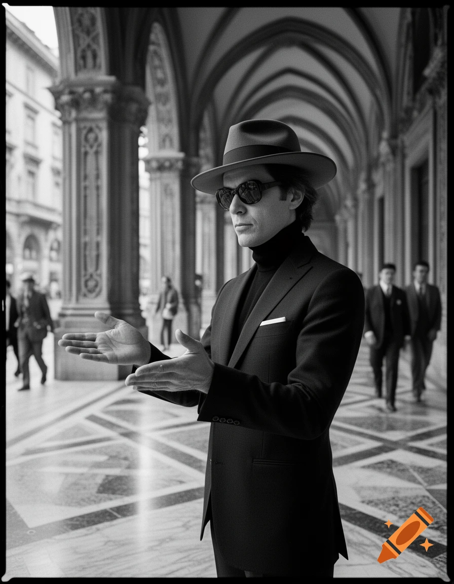 Black-and-white photo of a man in a suit, fedora, and sunglasses with outstretched hands, standing under grand architectural arches.