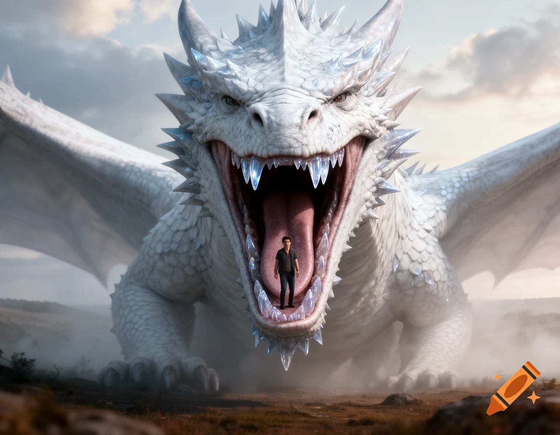 A giant white dragon with its mouth wide open, a tiny man stands on its tongue in a vast, misty landscape.