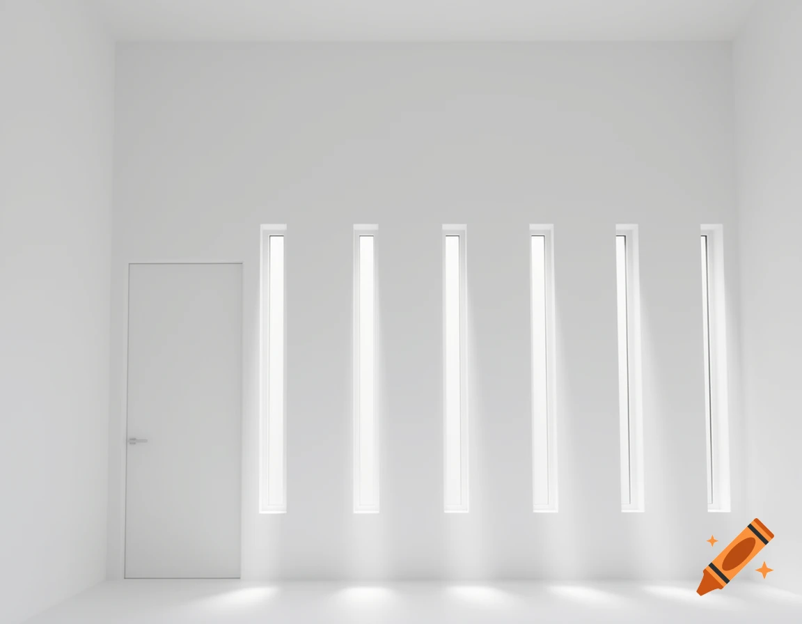 A minimalist white room with a plain door on the left and five tall, narrow windows letting in light along the back wall.