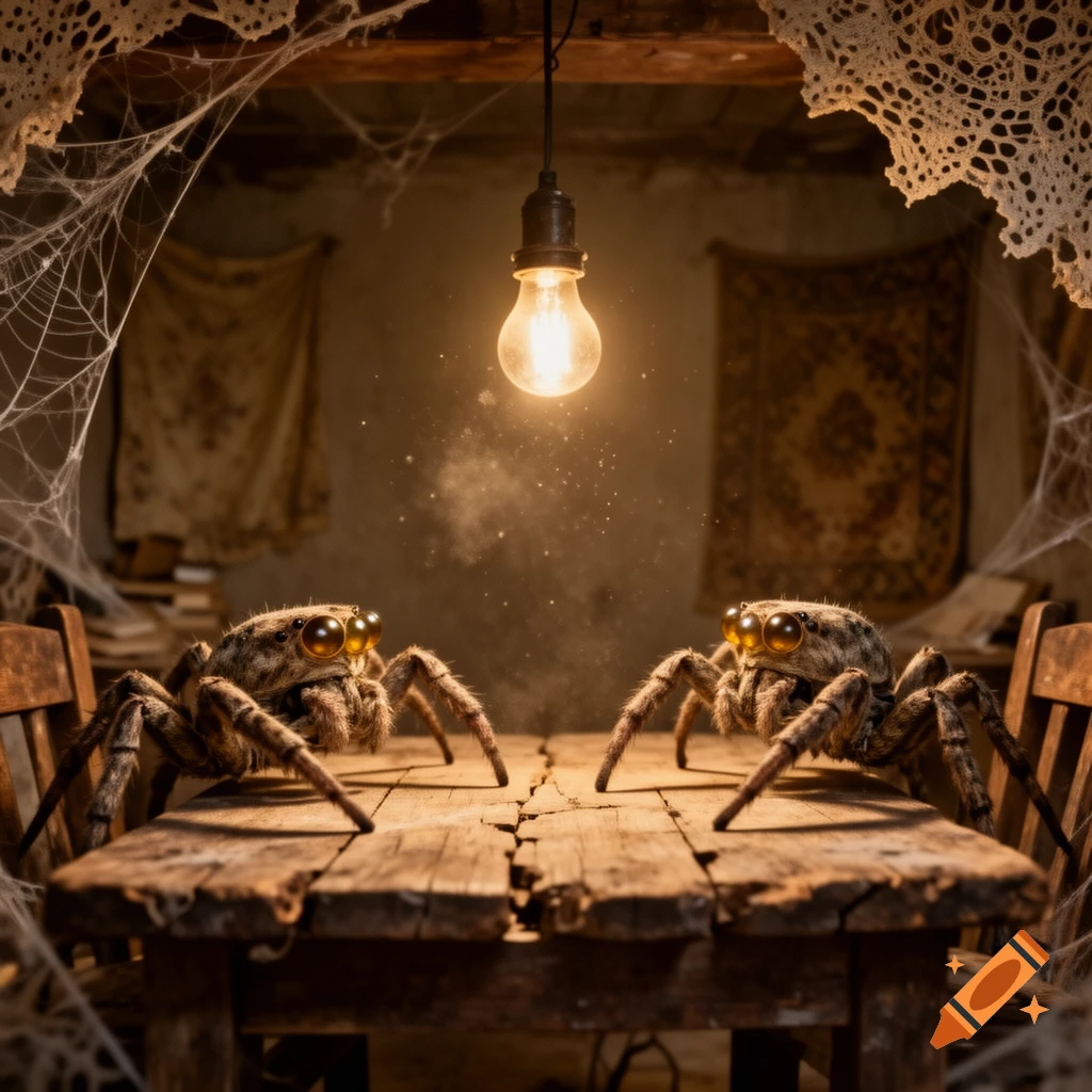 Two large, detailed spiders with big eyes sit at a worn wooden table under a glowing light bulb in a cobweb-filled, old room.