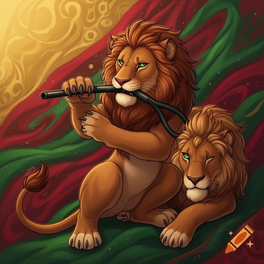 Two stylized anthropomorphic lions. One sits upright, holding a black curved stick in its mouth and paws. The other lies behind, winking, against a swirling gold, red, and green background.