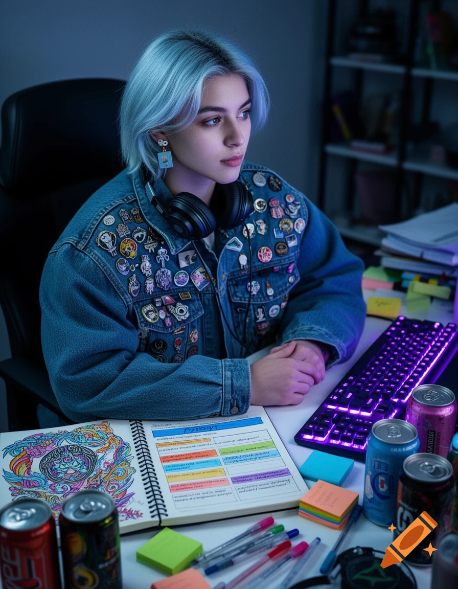 A person with silver-blue hair and a pin-covered denim jacket sits at a glowing purple keyboard, next to a notebook with colorful notes and energy drinks.