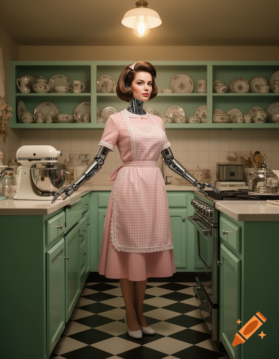 Photorealistic image of a retro 1950s-style robotic housewife in a pink dress and apron standing in a mint green kitchen.
