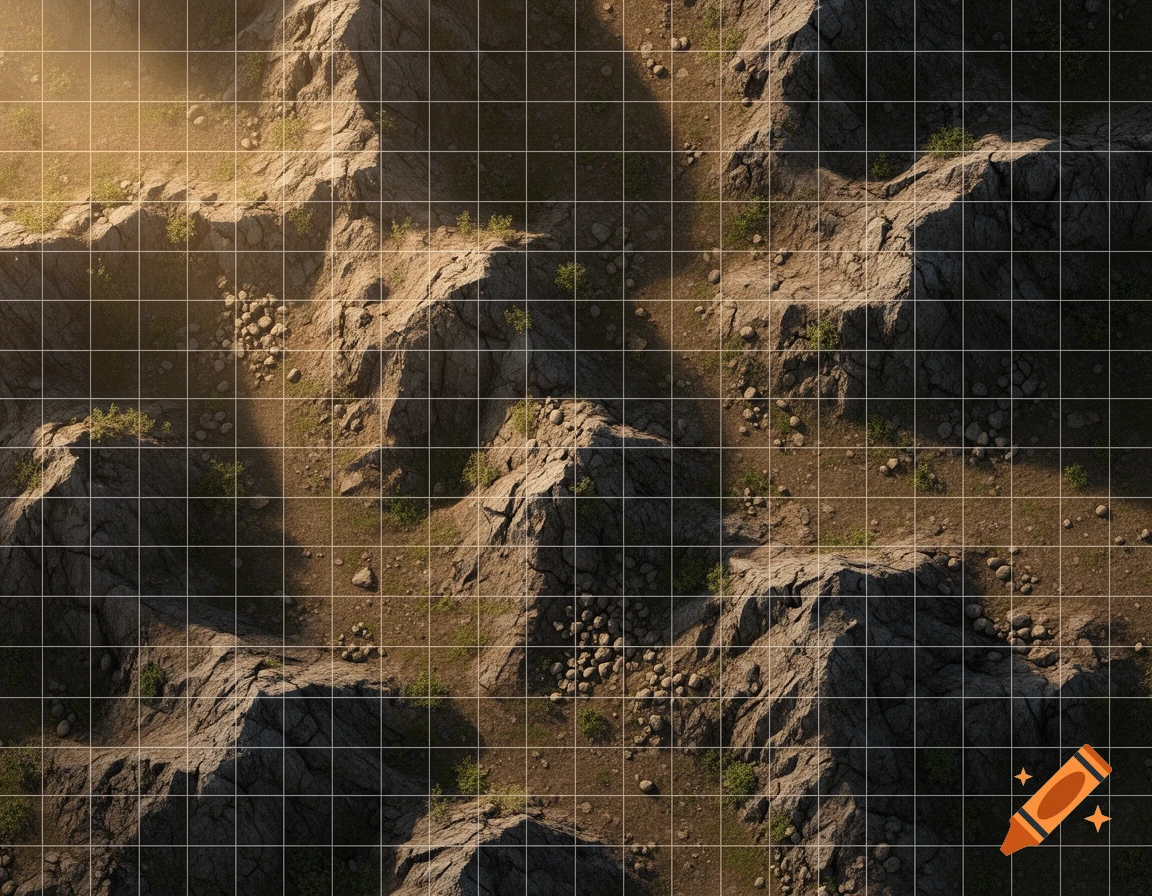 Overhead view of a rocky hill game map with grid lines and sunlit paths.