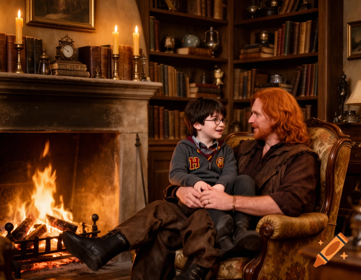 A young boy in glasses and a Hogwarts sweater sits on a red-haired man's lap by a warm fireplace in a library.