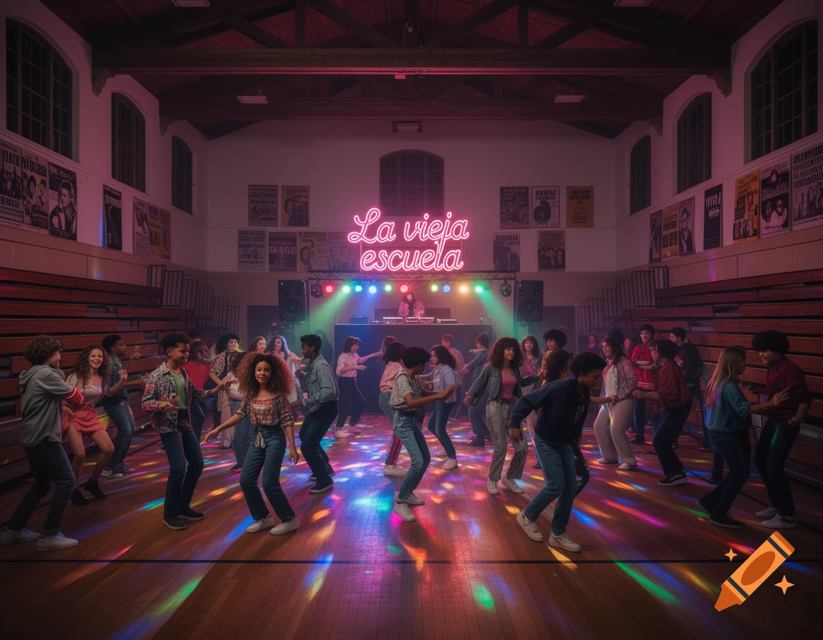 Photorealistic image of students dancing under colorful disco lights in a school gym with a 'La vieja escuela' neon sign.