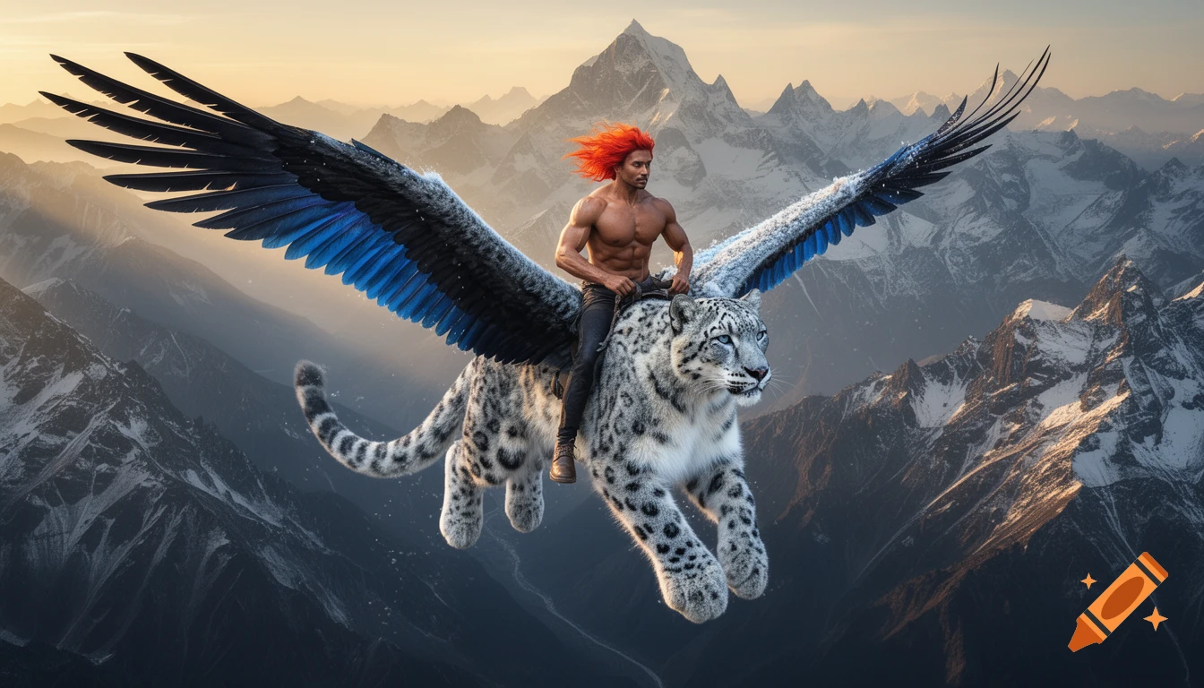 A shirtless, muscular, red-haired man rides a majestic winged snow leopard over the vast Himalayan mountains at sunset.