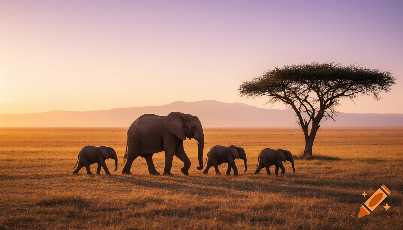 A photorealistic image of a mother elephant leading three calves across a golden savanna at sunset, with an acacia tree and mountains in the background.