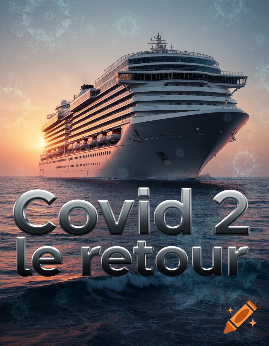 A large cruise ship at sunset on the ocean with virus symbols and the text 'Covid 2 le retour'.