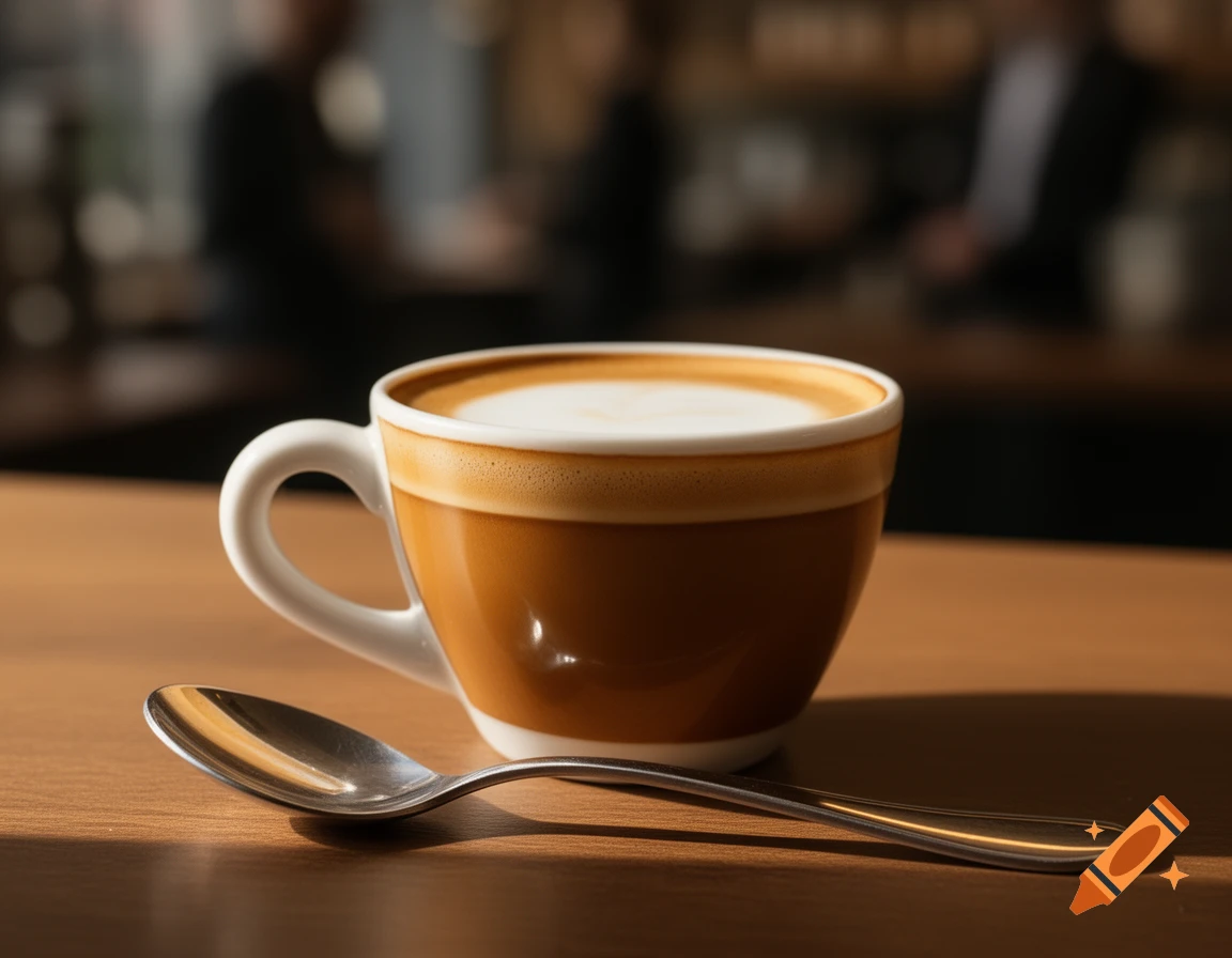 Photorealistic close-up of a cortado coffee in a brown cup with a spoon on a wooden table, with a soft blurred cafe background.