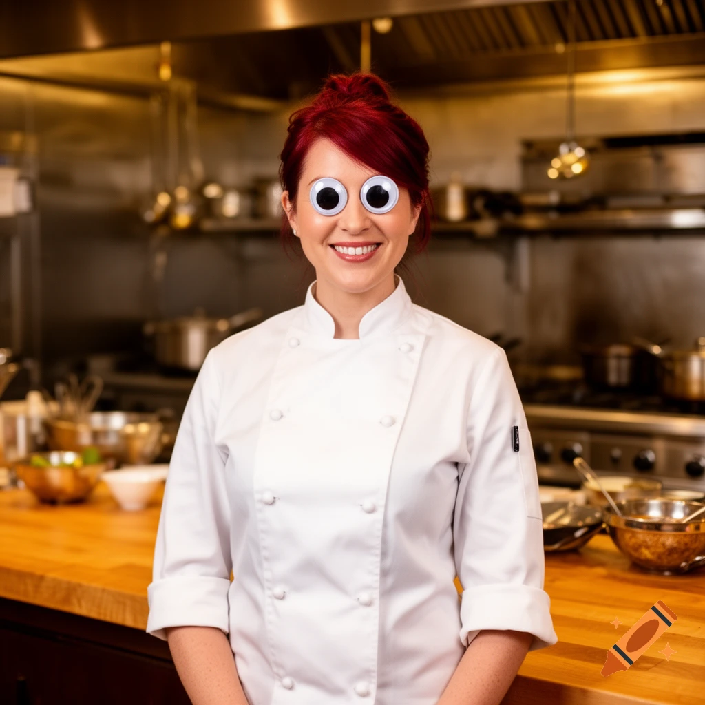 A smiling female chef with red hair and googly eyes stands in a professional kitchen.
