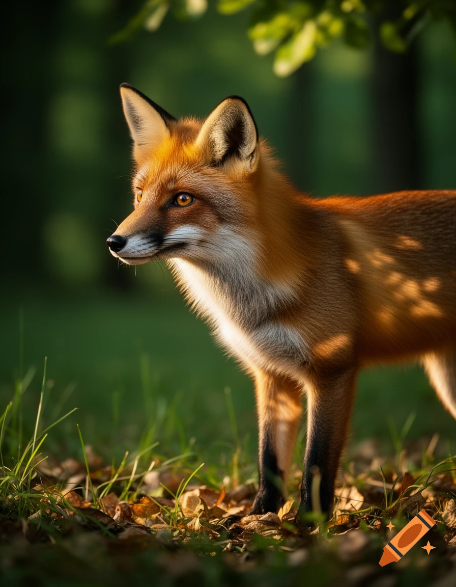 A photorealistic red fox stands in a sun-dappled forest, looking to the ...