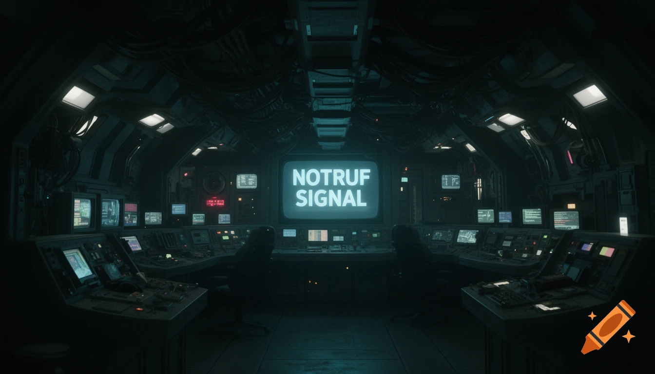 A dark, sci-fi control room with a central screen displaying 'NOTRUF SIGNAL', surrounded by glowing monitors and wiring. Photorealistic.