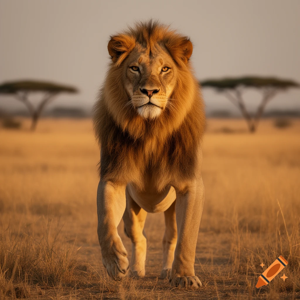 A majestic lion with a golden mane walks forward in a sunlit savannah, with acacia trees in the background.