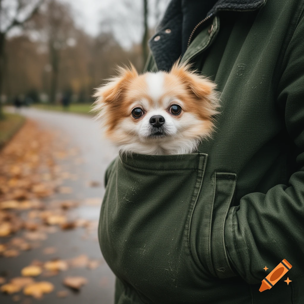 A fluffy brown and white chihuahua-type dog peeking out of a green jacket pocket, walking on an autumn path.