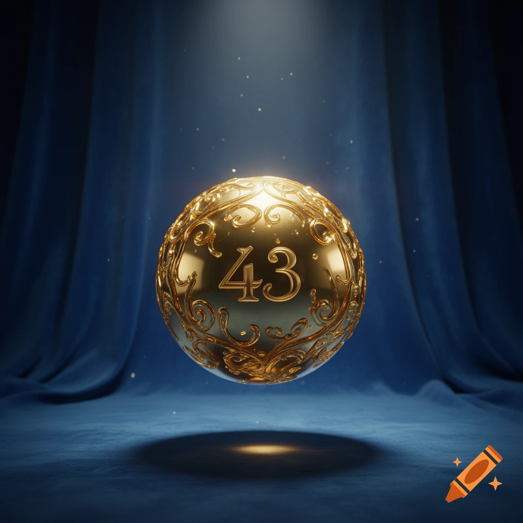 A golden, ornate sphere with the number 43 inscribed, floating above a blue velvet surface under a spotlight.