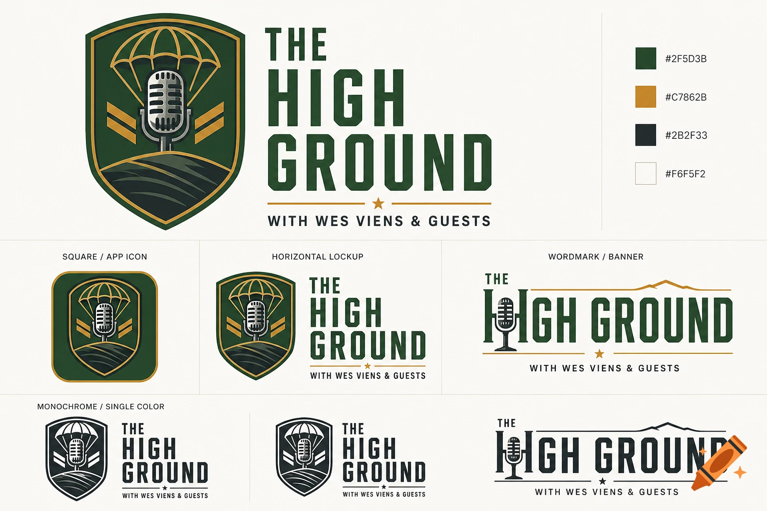 A branding guide for 'THE HIGH GROUND' podcast, displaying various logo lockups with a parachute, microphone, and shield emblem, plus color palette.