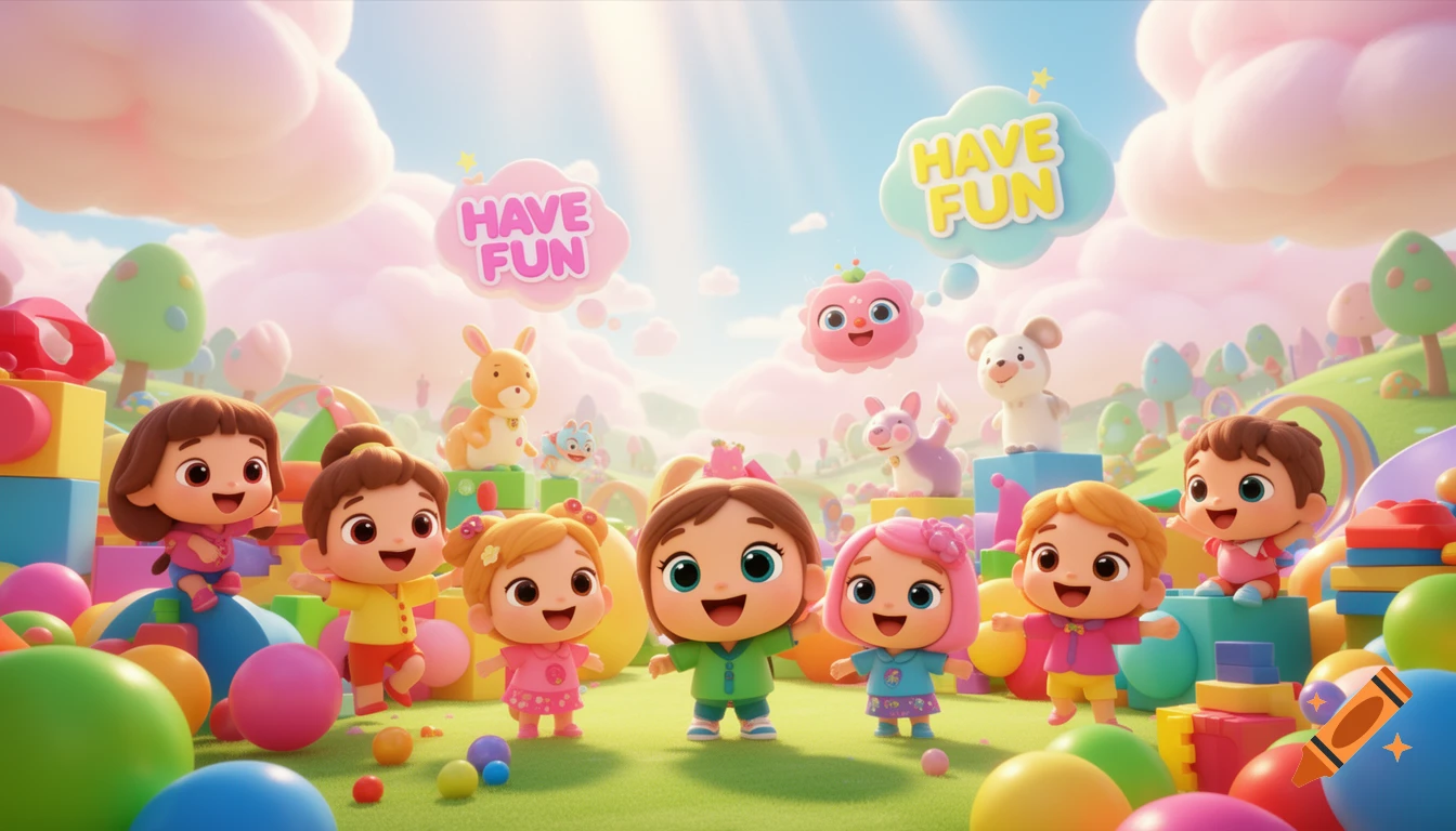 Cheerful cartoon children and cute animals play in a colorful Cocomelon-like landscape with balls, blocks, and fluffy clouds. Speech bubbles say 'HAVE FUN'.