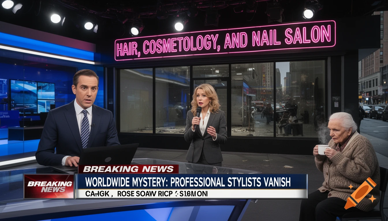 A news anchor reports from a studio alongside a field reporter in front of a salon and an elderly woman sipping coffee on the street.