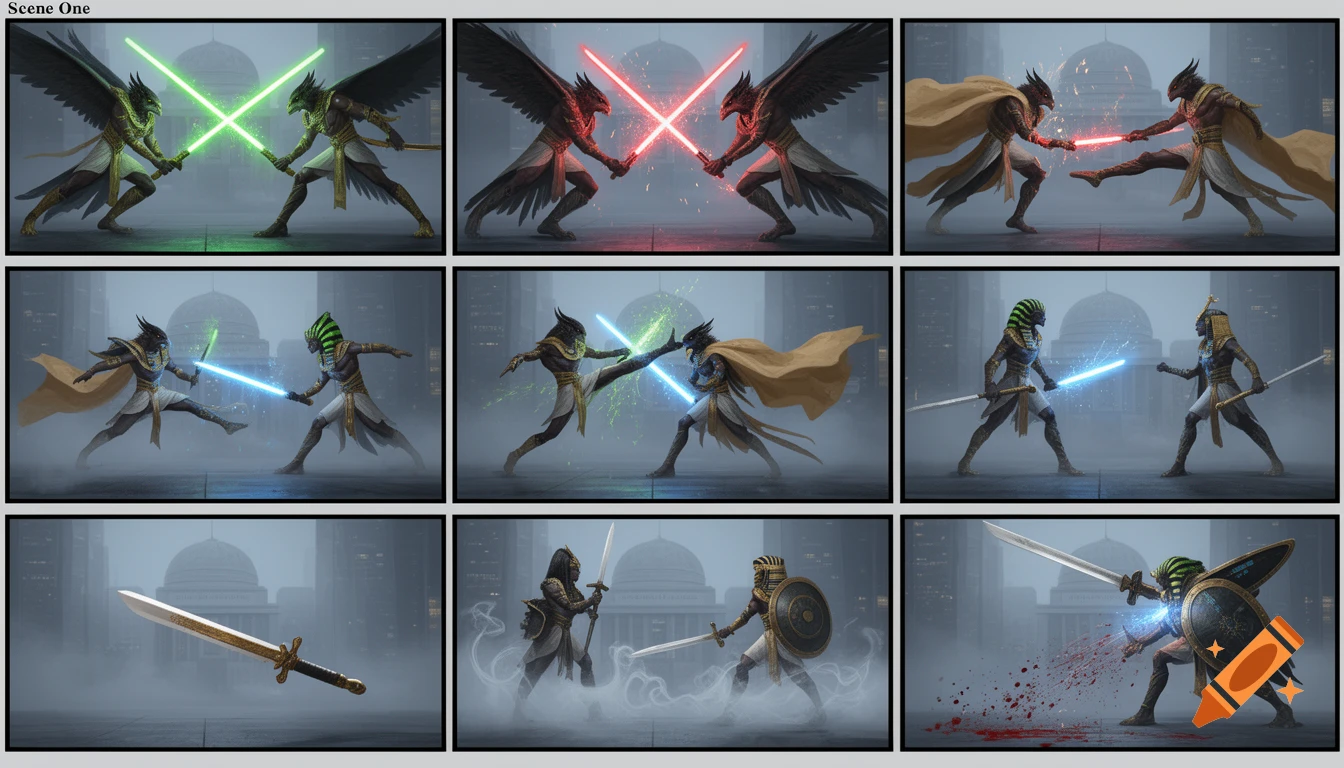 Nine graphic novel panels depict Horus and Set in Ancient Egyptian attire fighting with lightsabers and swords, against a foggy city background.