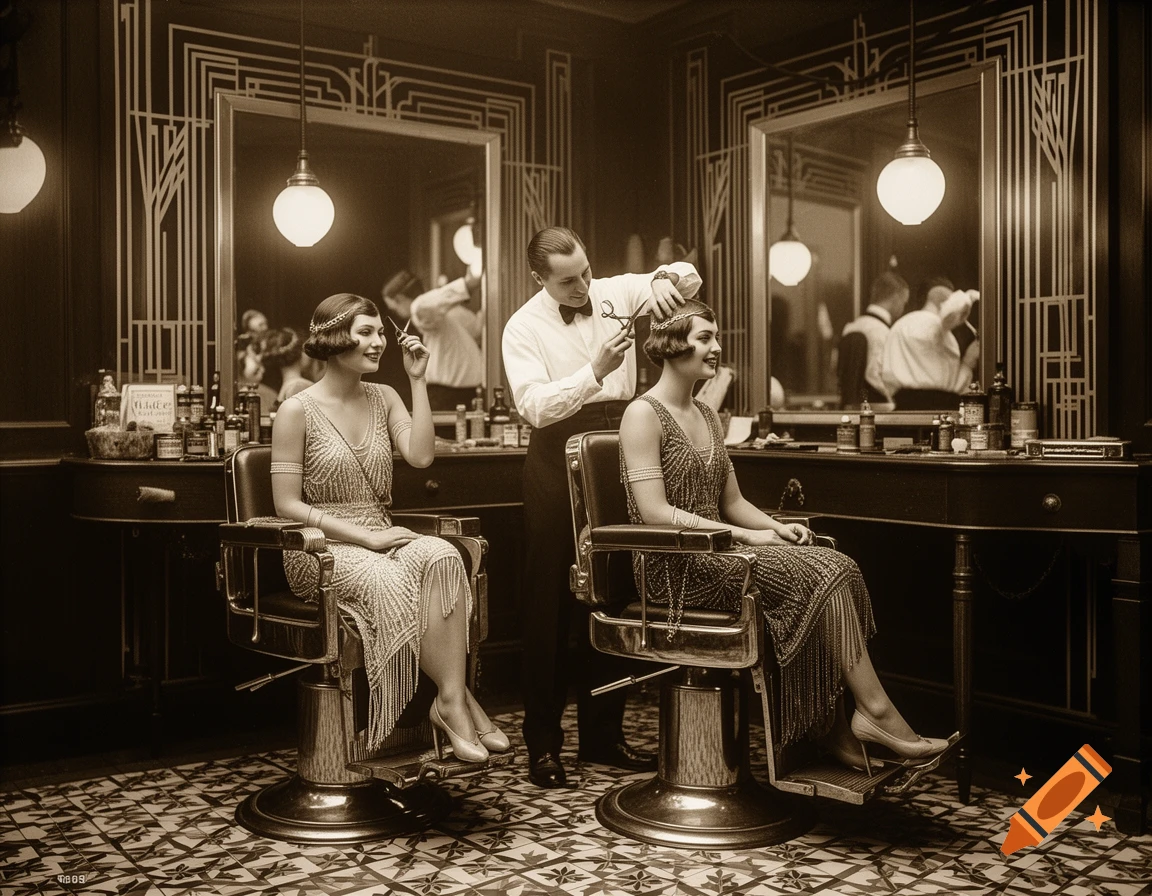 A sepia-toned, vintage photograph of two women in beaded flapper dresses getting their hair styled by a barber in a 1920s barbershop.