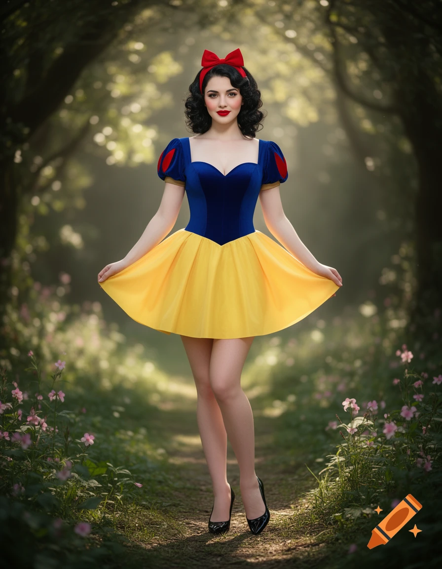 A woman in a pinup-style Snow White cosplay, wearing a short blue and yellow dress, red bow, and heels, poses on a forest path.