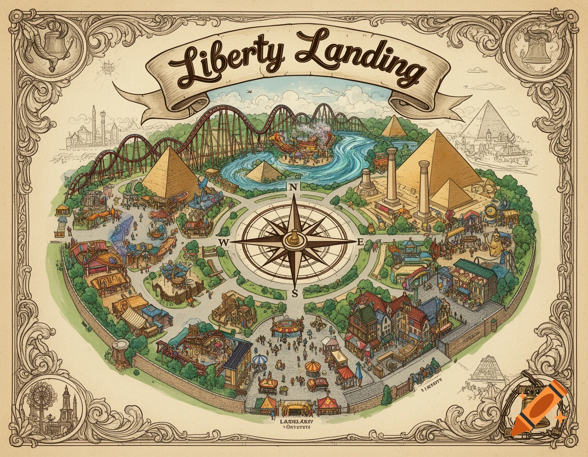 Vintage isometric map of Liberty Landing theme park with pyramids, roller coasters, and a winding river, bordered by decorative elements.