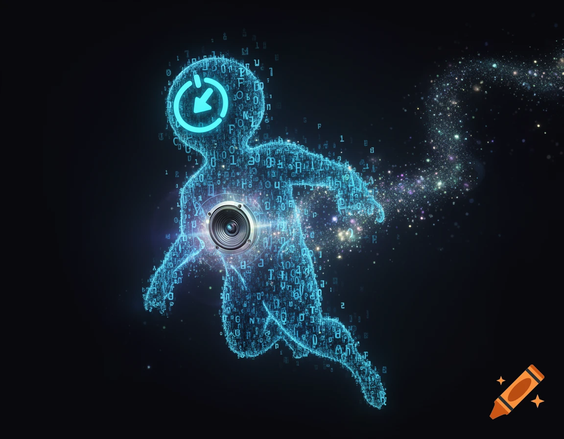 A stylized digital humanoid figure composed of glowing blue code ...
