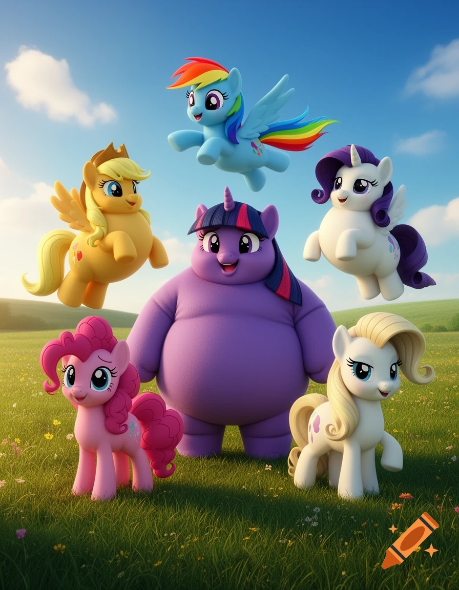The Mane 6 My Little Pony characters, including a plump purple Twilight Sparkle, Pinkie Pie, Rainbow Dash, Applejack, Rarity, and another pony, in a sunny green field.