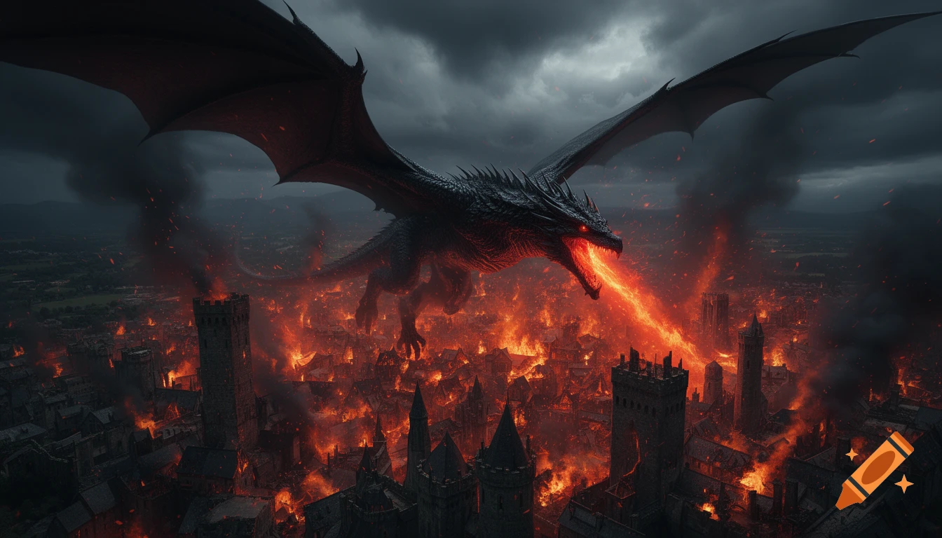 A massive black dragon with glowing red eyes breathes fire upon a burning city under a dark, stormy sky.