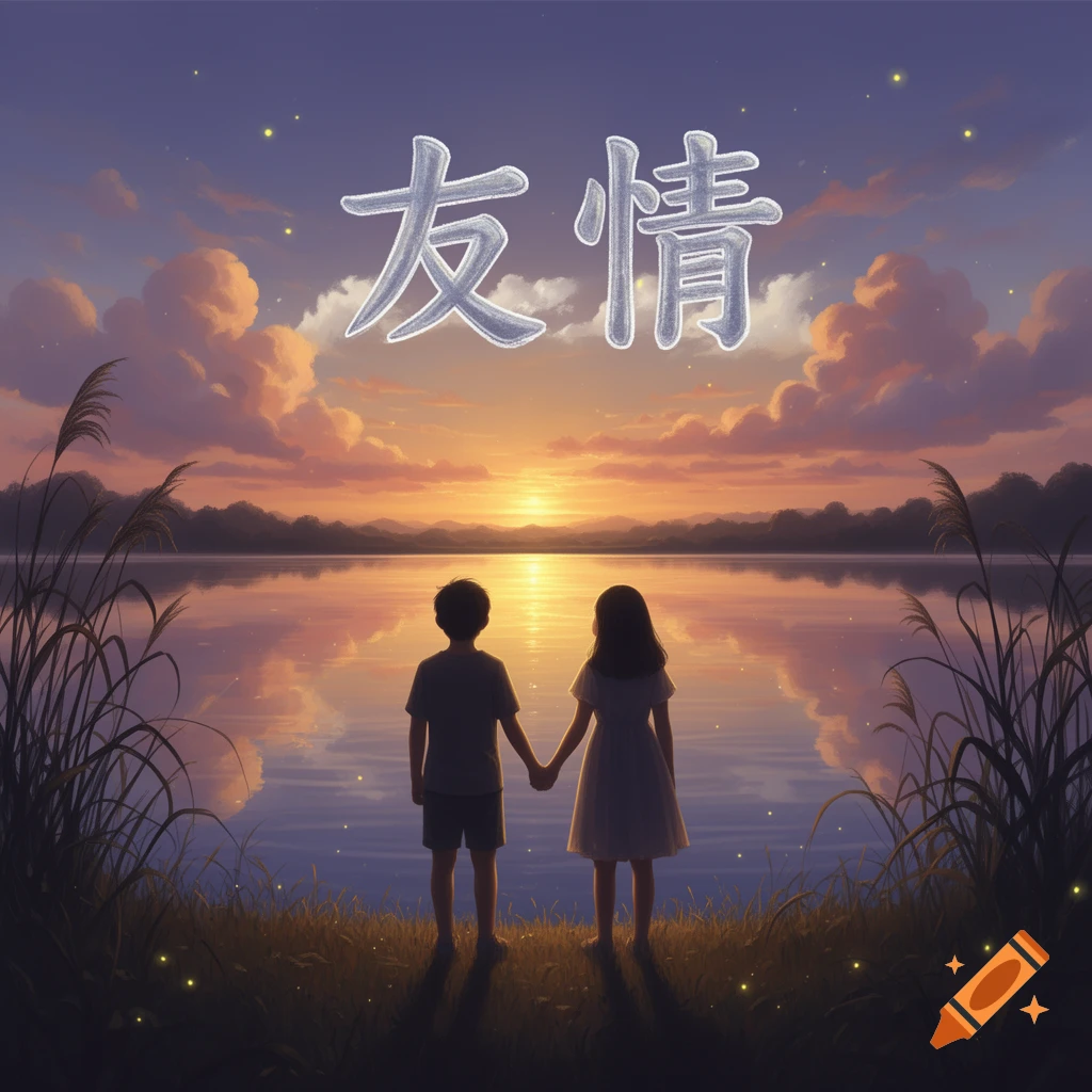 Illustration of two children holding hands by a lake at sunset, with Japanese text 'friendship' in the sky.