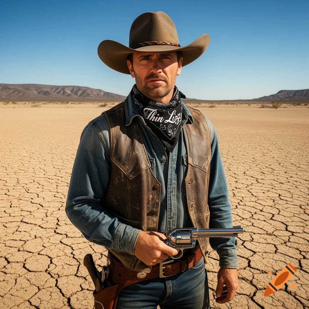 A photorealistic cowboy with a revolver stands in a vast, cracked desert under a clear blue sky, mountains in the distance.