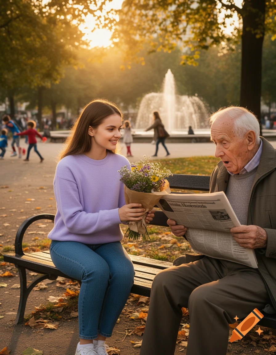 A young woman gives flowers to an old man reading a newspaper on a park bench at sunset, golden leaves on the ground.