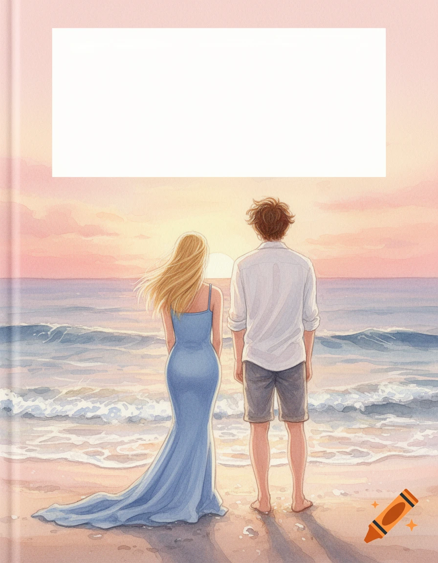 A couple with their backs to the viewer stands on a beach watching the sunset, in a soft watercolor style with a blank title box at the top.