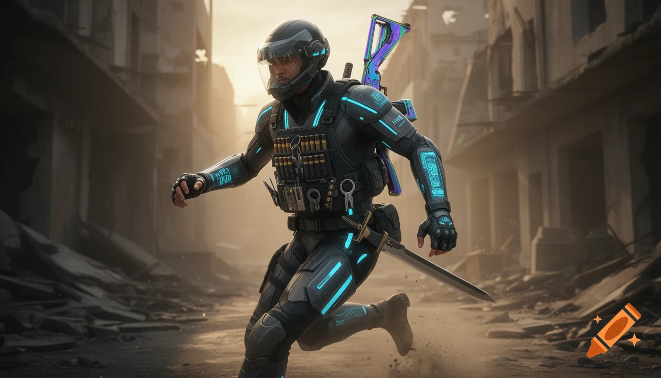 A futuristic soldier in black and blue glowing armor, helmet, rifle ...