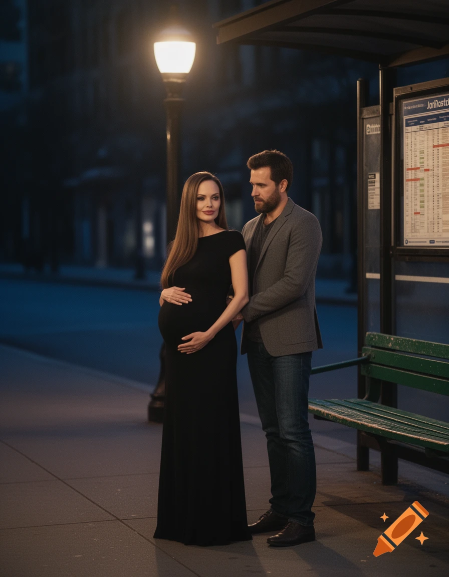 A pregnant woman in a black dress stands with a man at a bus stop under a street light at night.